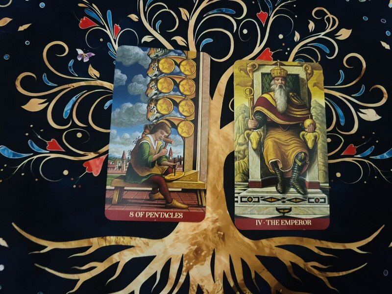 Eight of Pentacles and The Emperor photo by Tarot Institute.