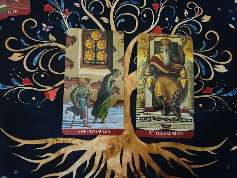 Five of Pentacles and The Emperor photo by Tarot Institute