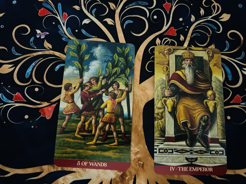 Five of Wands and The Emperor photo by Tarot Institute