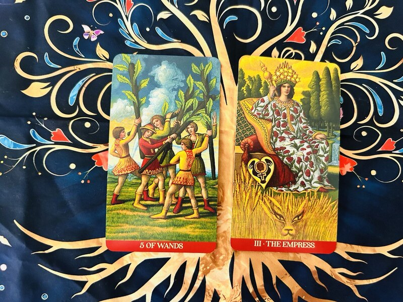 Five of Wands and The Empress photo by Tarot Institute