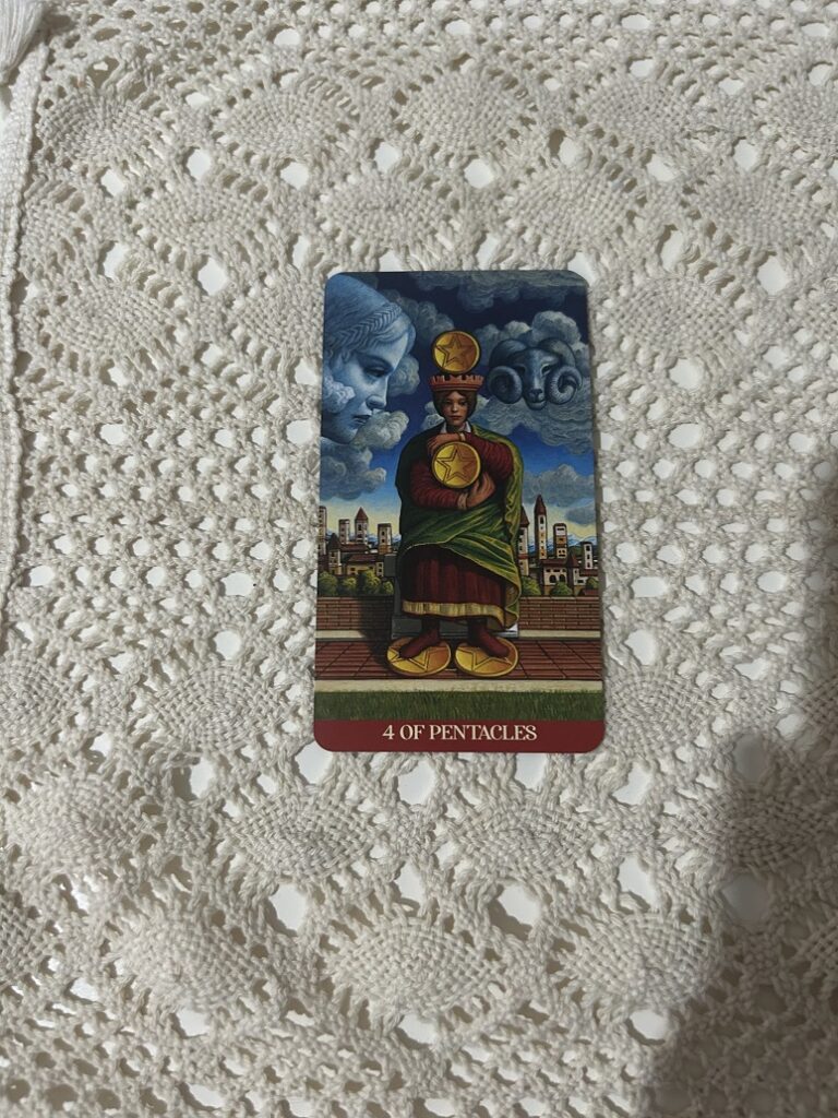 Four of Pentacles tarot card in a reversed position, showing a figure struggling to hold pentacles