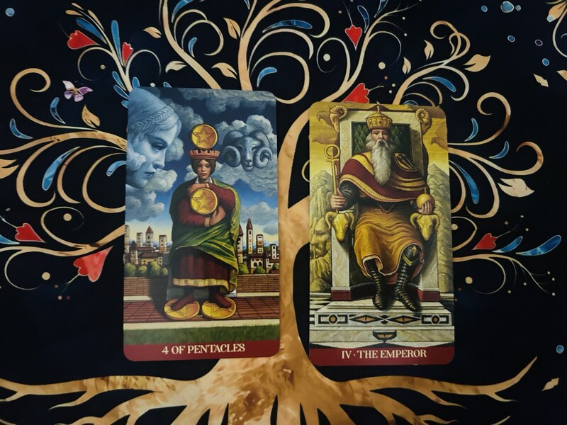 Four of Pentacles and The Emperor photo by Tarot Institute.