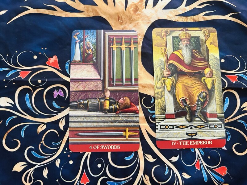 Four of Swords and The Emperor photo by Tarot Institute