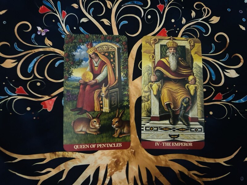 Queen of Pentacles and The Emperor photo by Tarot Institute.