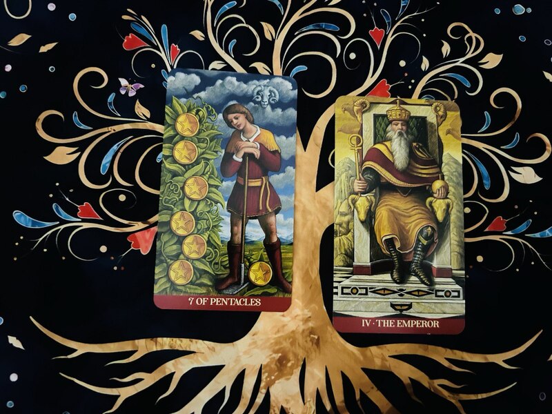 Seven of Pentacles and The Emperor photo by Tarot Institute