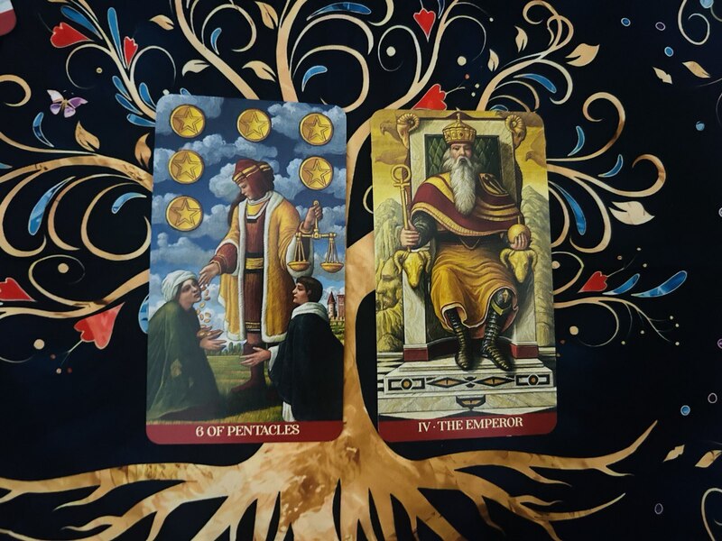 Six of Pentacles and The Emperor photo by Tarot Institute.