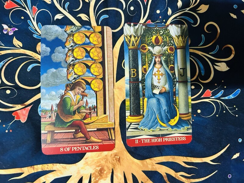 The Eight of Pentacles and The High Priestess photo by Tarot Institute