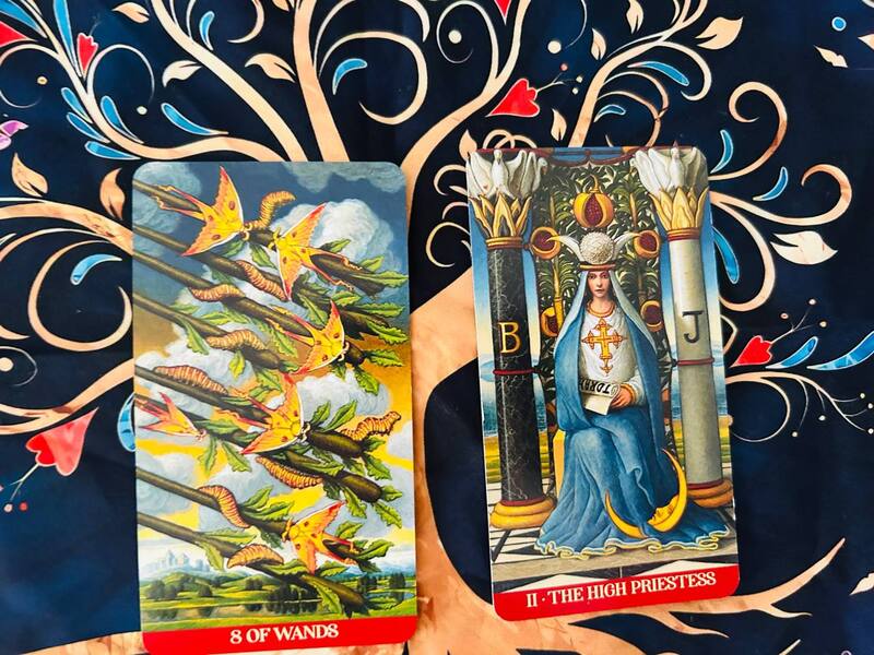 The Eight of Wands and the High Priestess photo by Tarot Institute