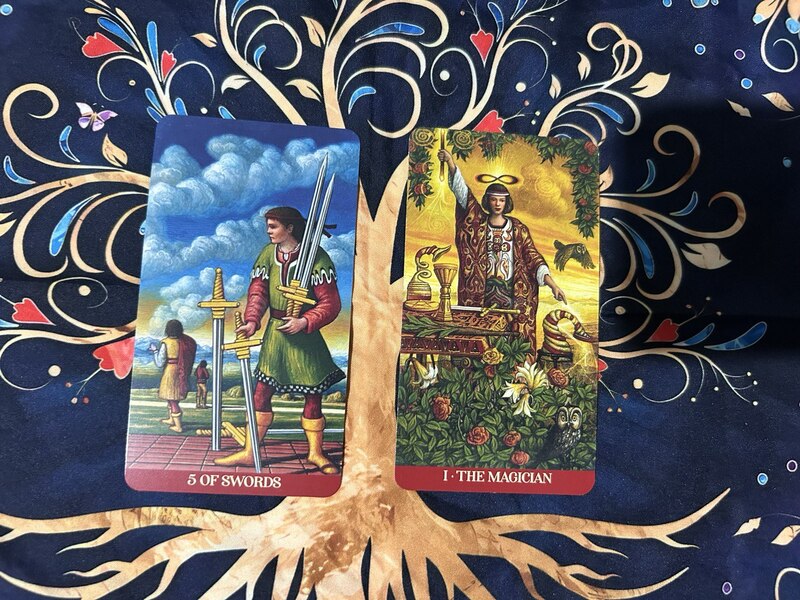 The Five of Swords and The Magician photo by Tarot Institute