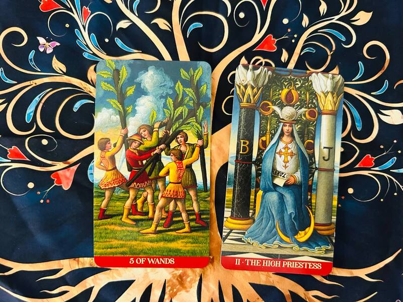 The Five of Wands and the High Priestess photo by Tarot Institute