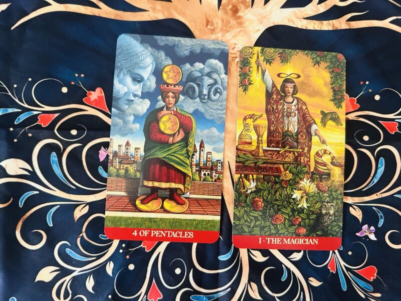 The Four of Pentacles and The Magician photo by Tarot Institute.