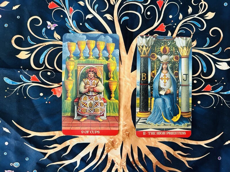 The Nine of Cups and The High Priestess photo by Tarot Institute