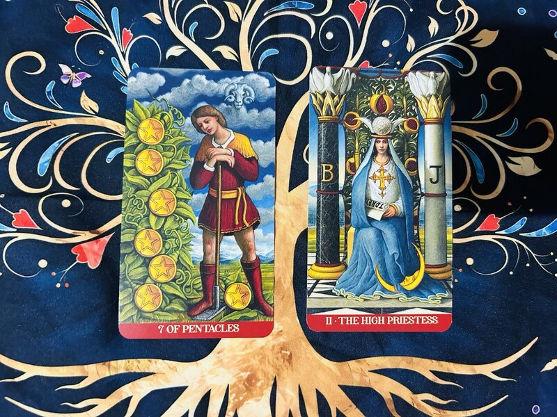 The Seven of Pentacles and The High Priestess photo by Tarot Institute