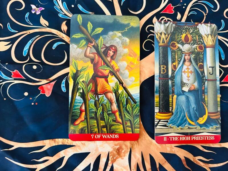 The Seven of Wands and the High Priestess photo by Tarot Institute.