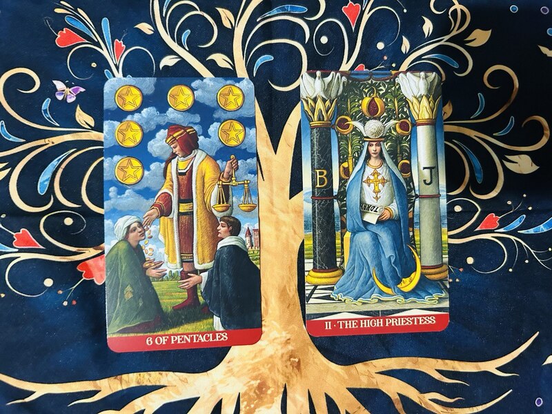 The Six of Pentacles and The High Priestess photo by Tarot Institute