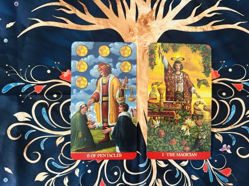 The Six of Pentacles and The Magician photo by Tarot Institute.