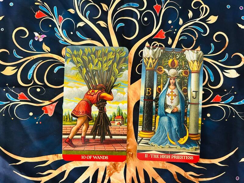 The Ten of Wands and the High Priestess photo by Tarot Institute