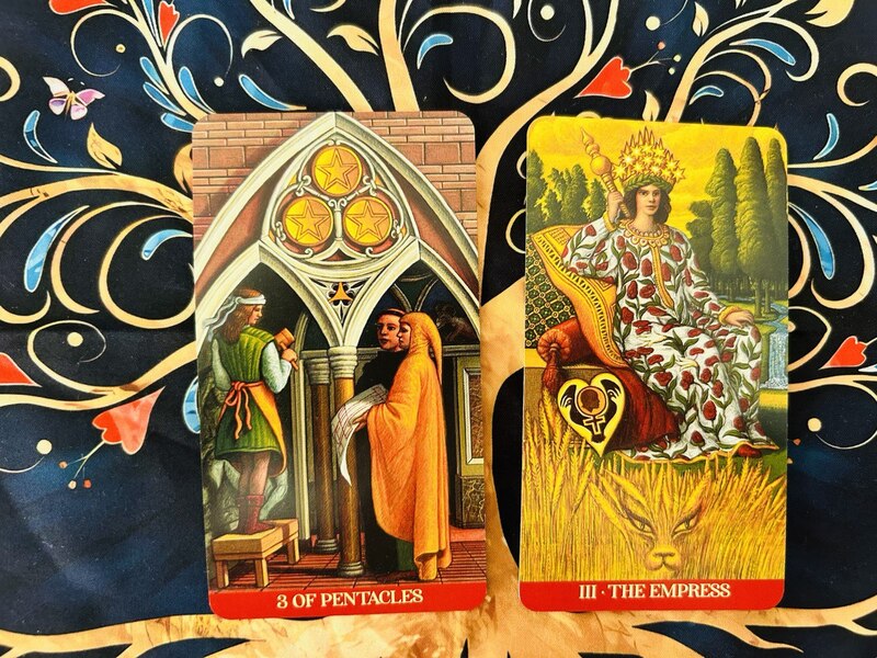 The Three of Pentacles and The Empress photo by Tarot Institute.