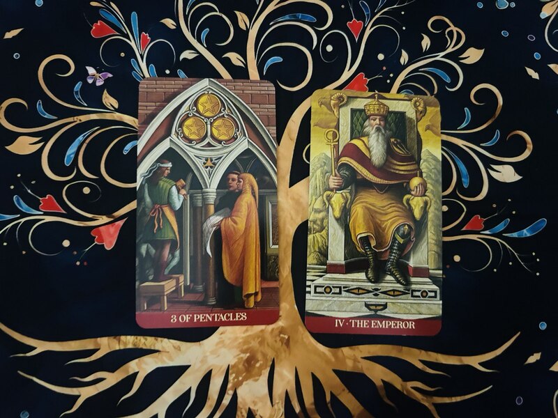 Three of Pentacles and The Emperor photo by Tarot Institute