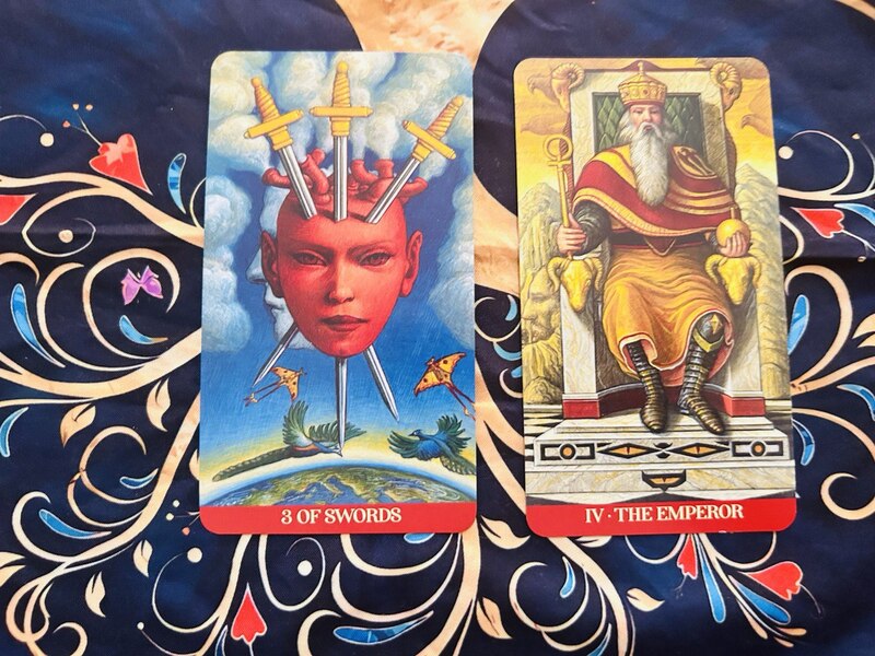 Three of Swords and The Emperor photo by Tarot Institute