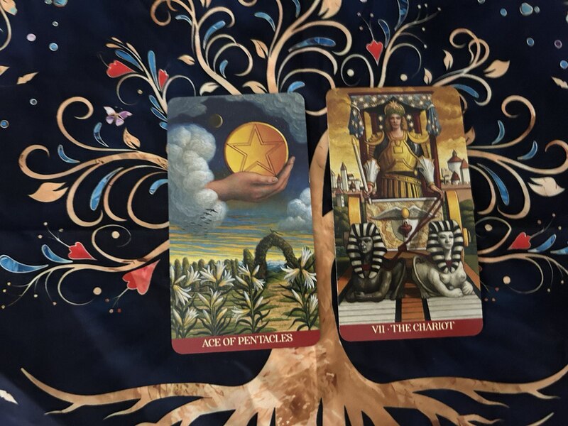 Ace of Pentacles and The Chariot photo by Tarot Institute