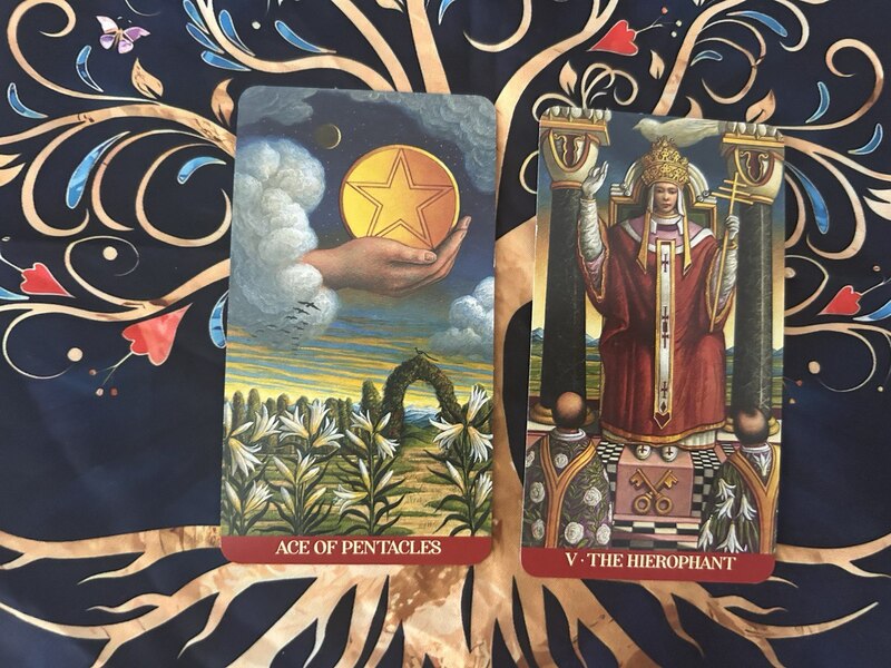 Ace of Pentacles and The Hierophant photo by Tarot Institute