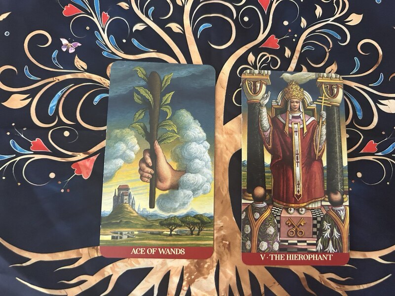 Ace of Wands and The Hierophant photo by Tarot Institute