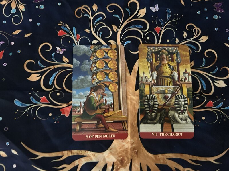 Eight of Pentacles and The Chariot photo by Tarot Institute