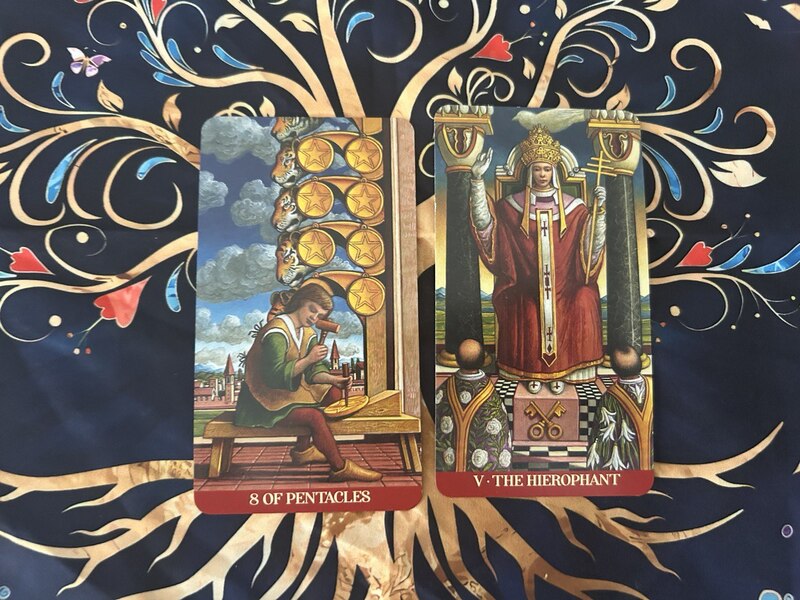 Eight of Pentacles and The Hierophant photo by Tarot Institute.