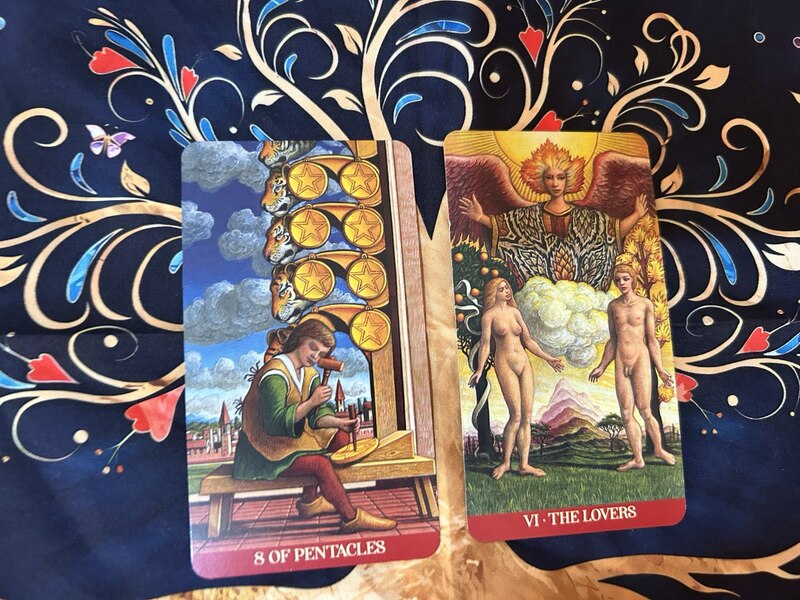 Eight of Pentacles and The Lovers photo by Tarot Institute