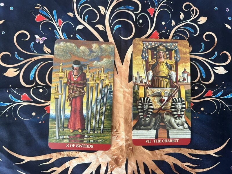 Eight of Swords and The Chariot photo by Tarot Institute.