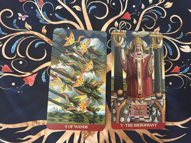 Eight of Wands and The Hierophant photo by Tarot Institute