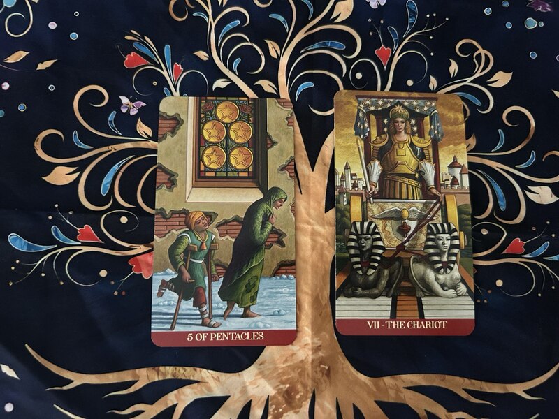 Five of Pentacles and The Chariot photo by Tarot Institute