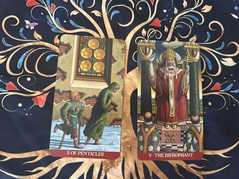 Five of Pentacles and The Hierophant photo by Tarot Institute