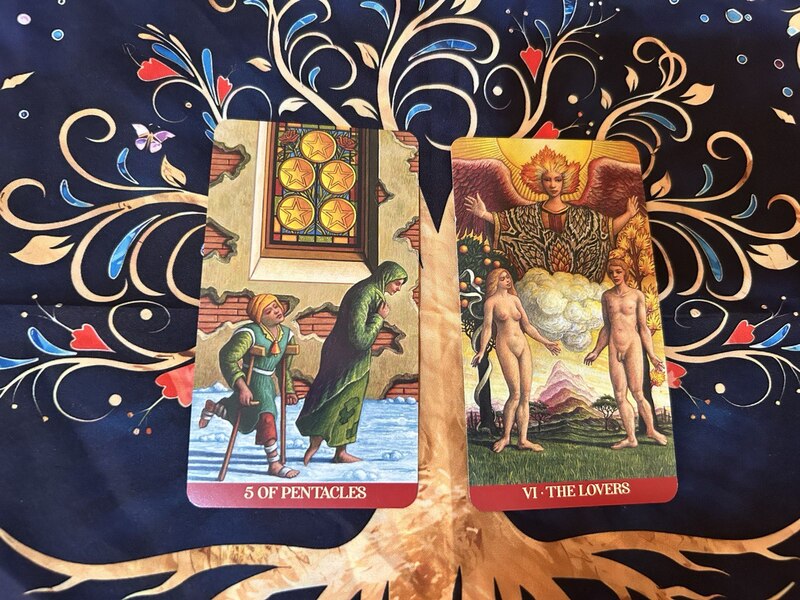 Five of Pentacles and The Lovers photo by Tarot Institute.