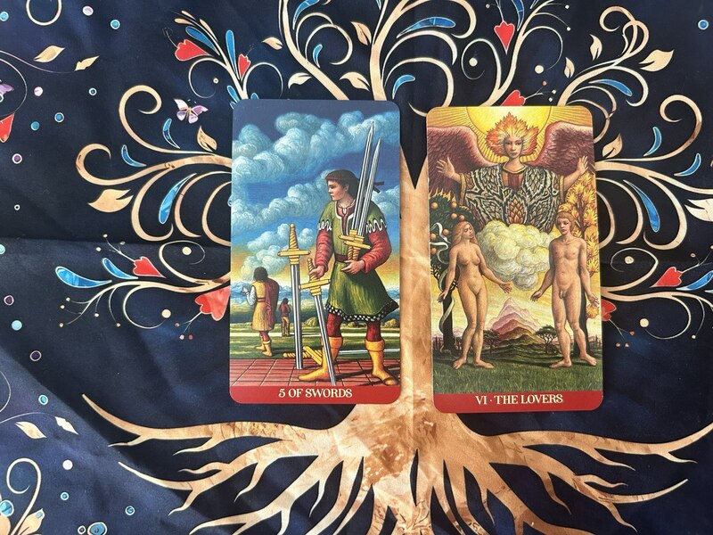 Five of Swords and The Lovers photo by Tarot Institute