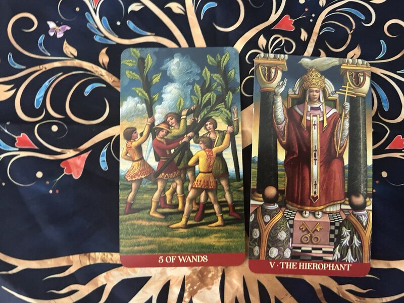 Five of Wands and The Hierophant photo by Tarot Institute