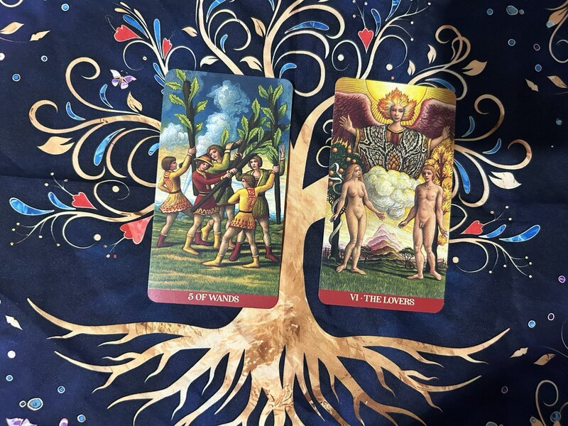 Five of Wands and The Lovers photo by Tarot Institute.