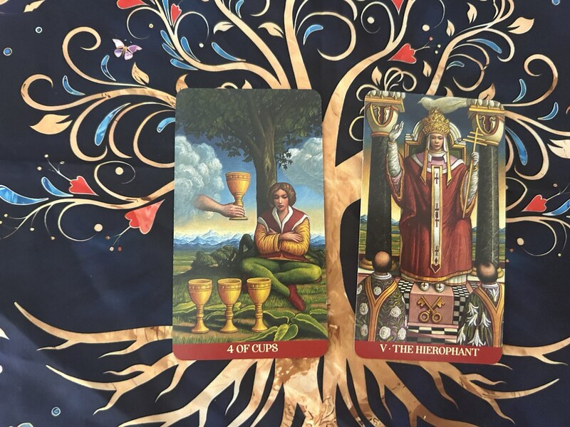 Four of Cups and The Hierophant photo by Tarot Institute.