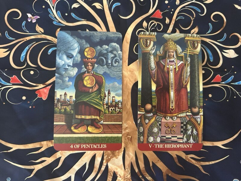 Four of Pentacles and The Hierophant photo by Tarot Institute