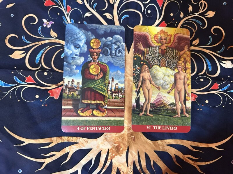 Four of Pentacles and The Lovers photo by Tarot Institute