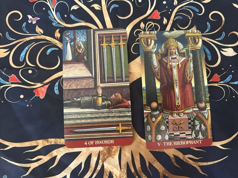 Four of Swords and The Hierophant photo by Tarot Institute