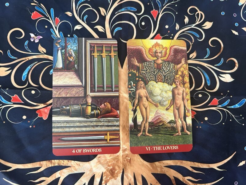 Four of Swords and The Lovers photo by Tarot Institute