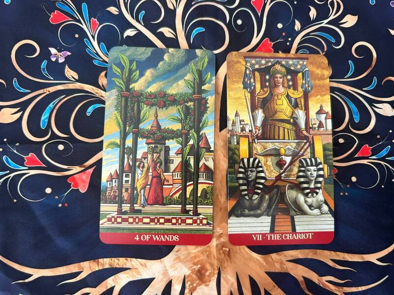 Four of Wands and The Chariot photo by Tarot Institute