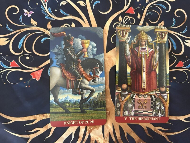 Knight of Cups and The Hierophant photo by Tarot Institute