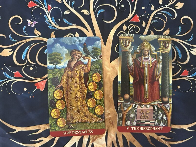 Nine of Pentacles and The Hierophant photo by Tarot Institute