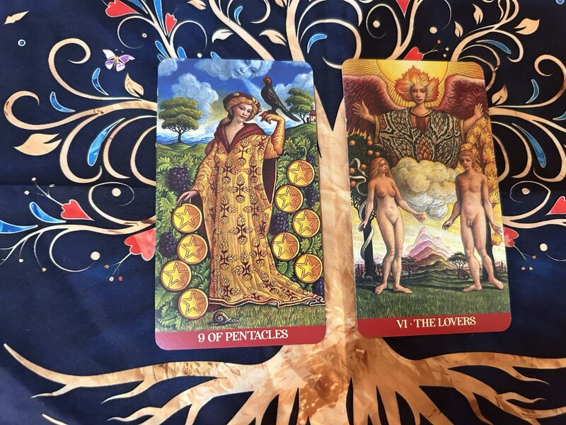 Nine of Pentacles and The Lovers photo by Tarot Institute