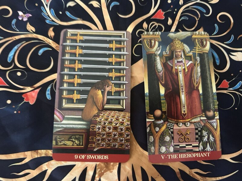 Nine of Swords and The Hierophant photo by Tarot Institute.