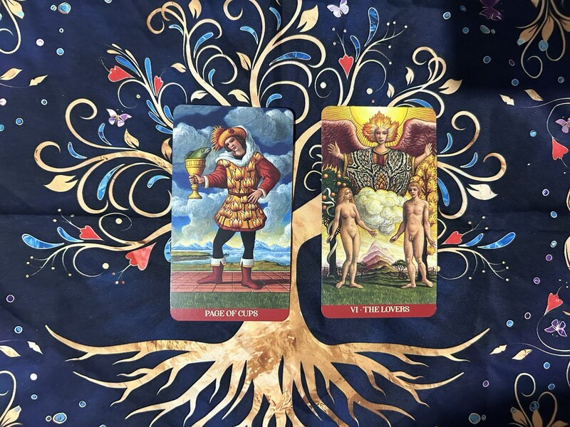 Page of Cups and The Lovers photo by Tarot Institute.