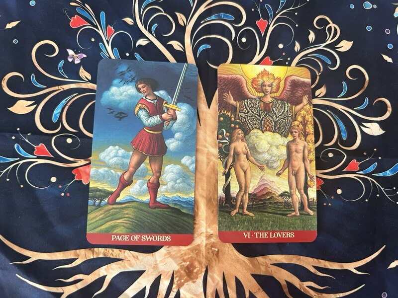 Page of Swords and The Lovers photo by Tarot Institute.